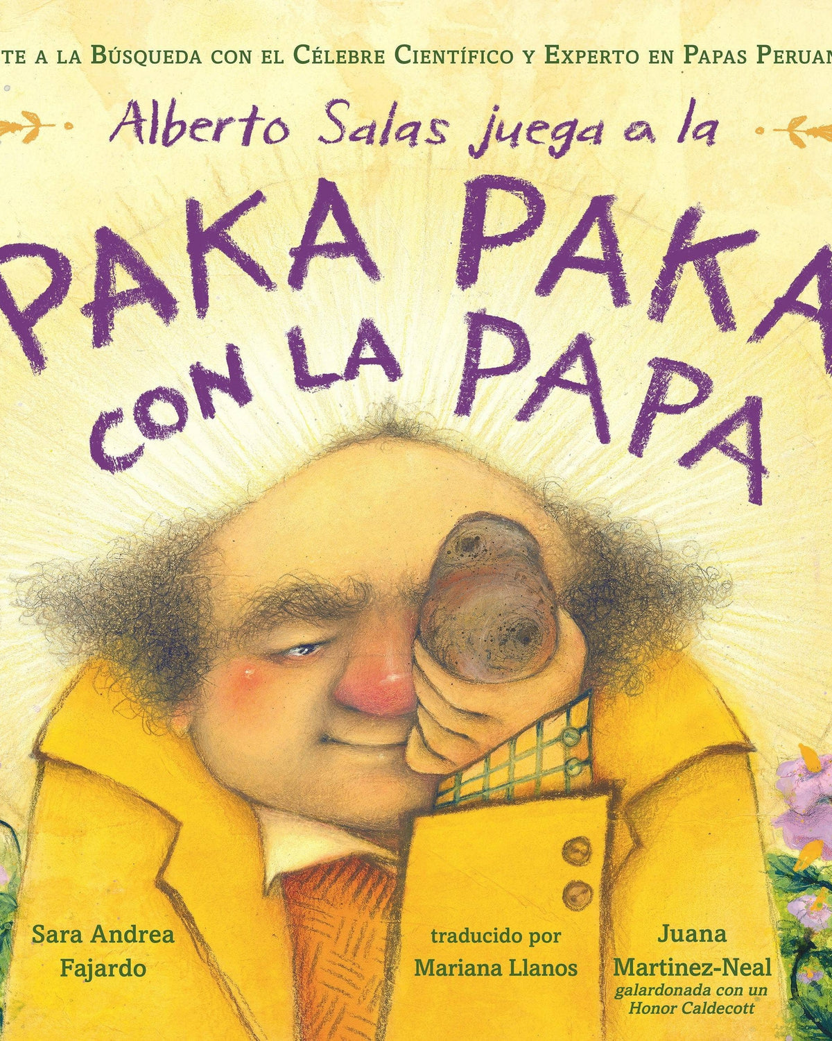 Book cover with a man in a yellow coat holding a potato, surrounded by flowers and text in purple and white.