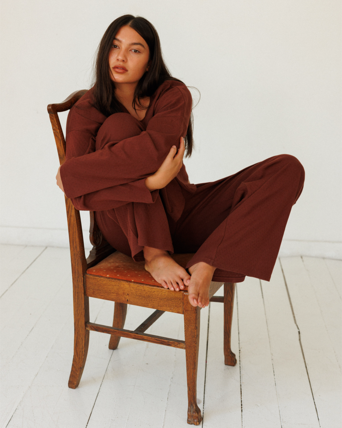 Pointelle Top in Oxblood - styled