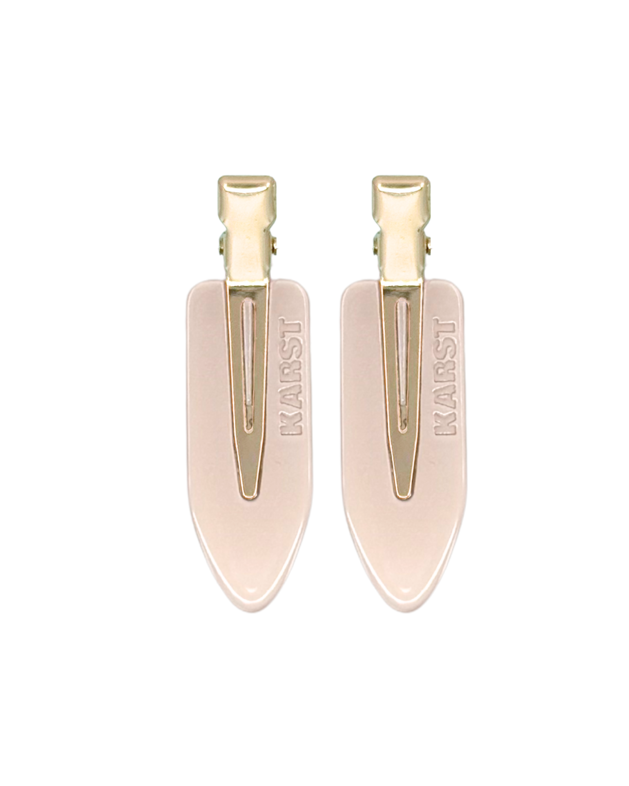 Pair of beige shoe trees with gold clips on a white background