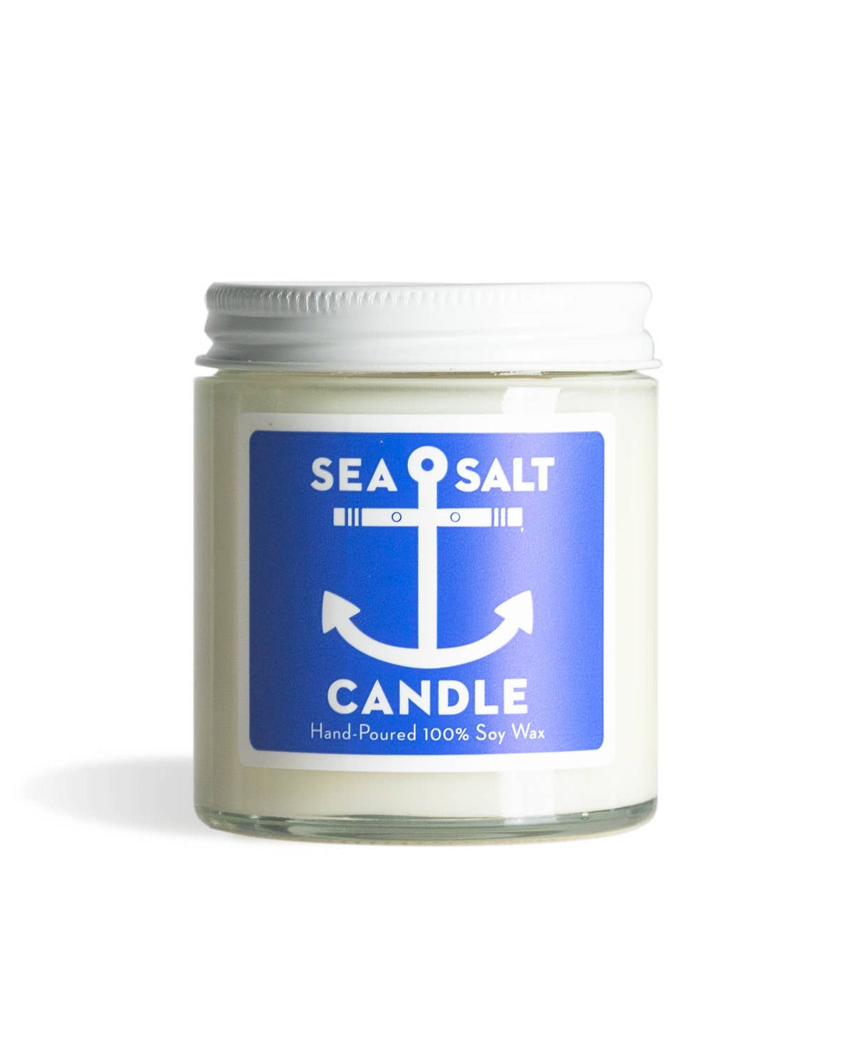 Sea Salt Candle with blue label and white anchor symbol on a white background
