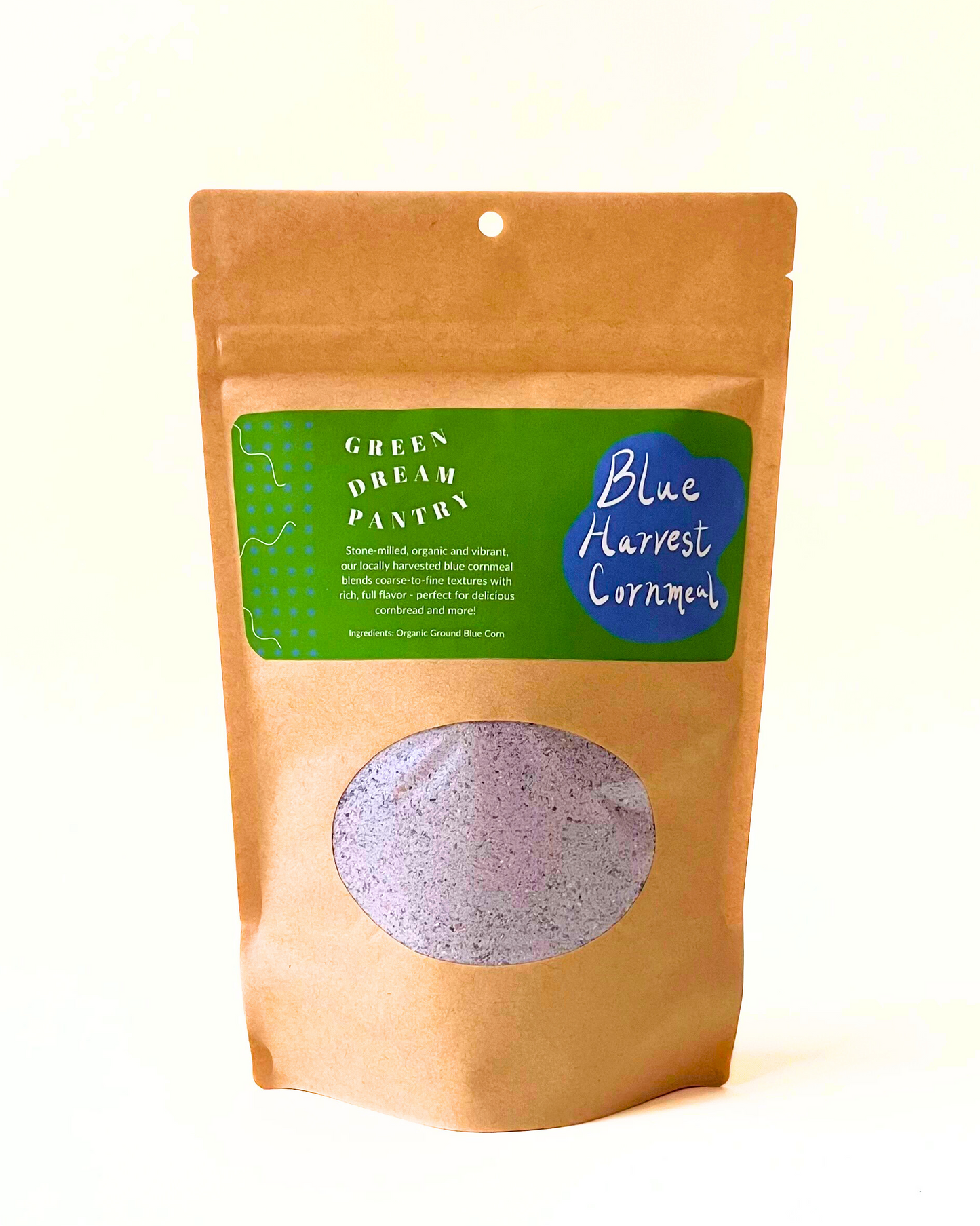 Brown package with a green label featuring 'Blue Harvest Cornmeal' on a white background