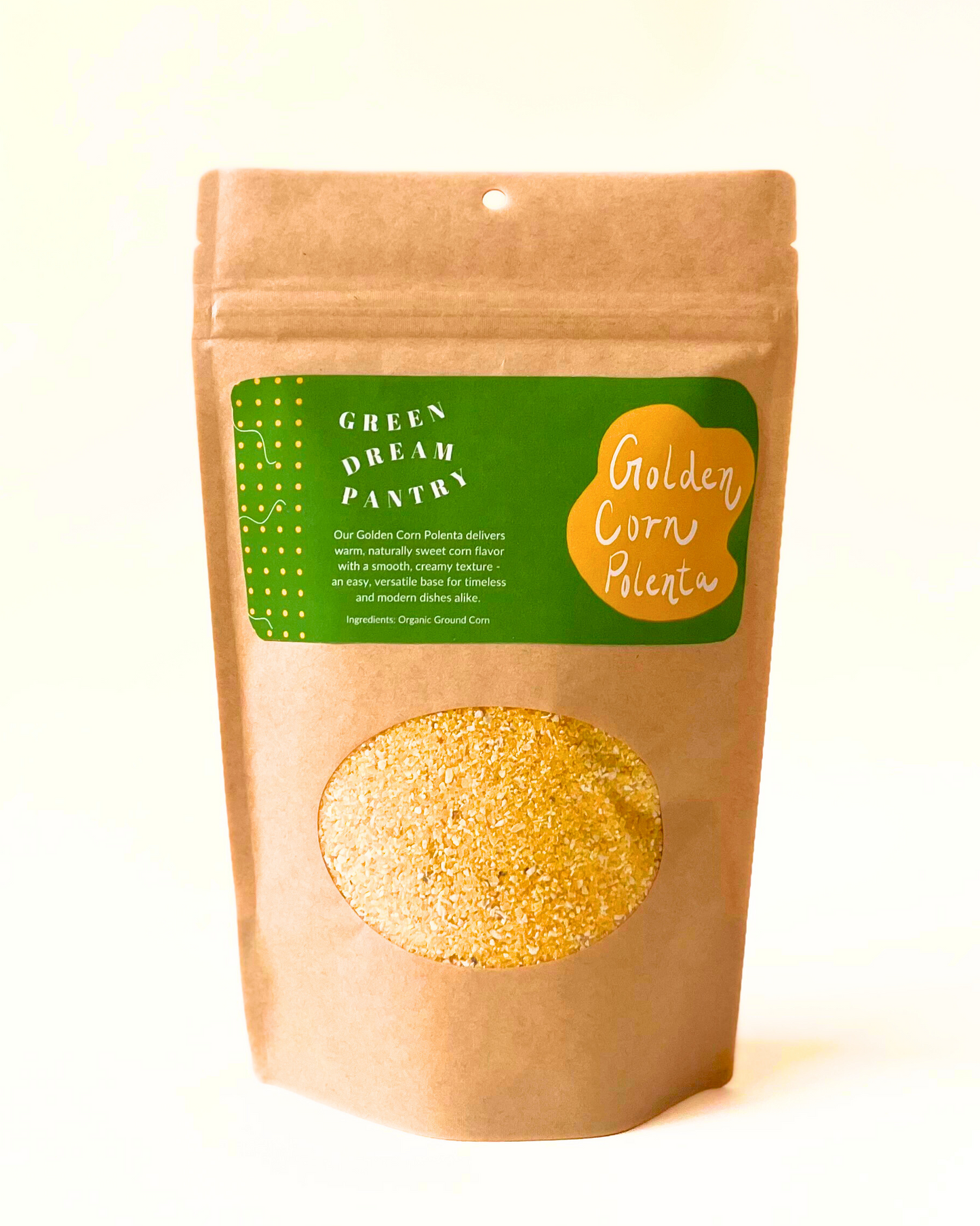 Kraft paper packaging with a green label featuring 'Green Dream Pantry' and 'Golden Corn Peculiar' on a white background.