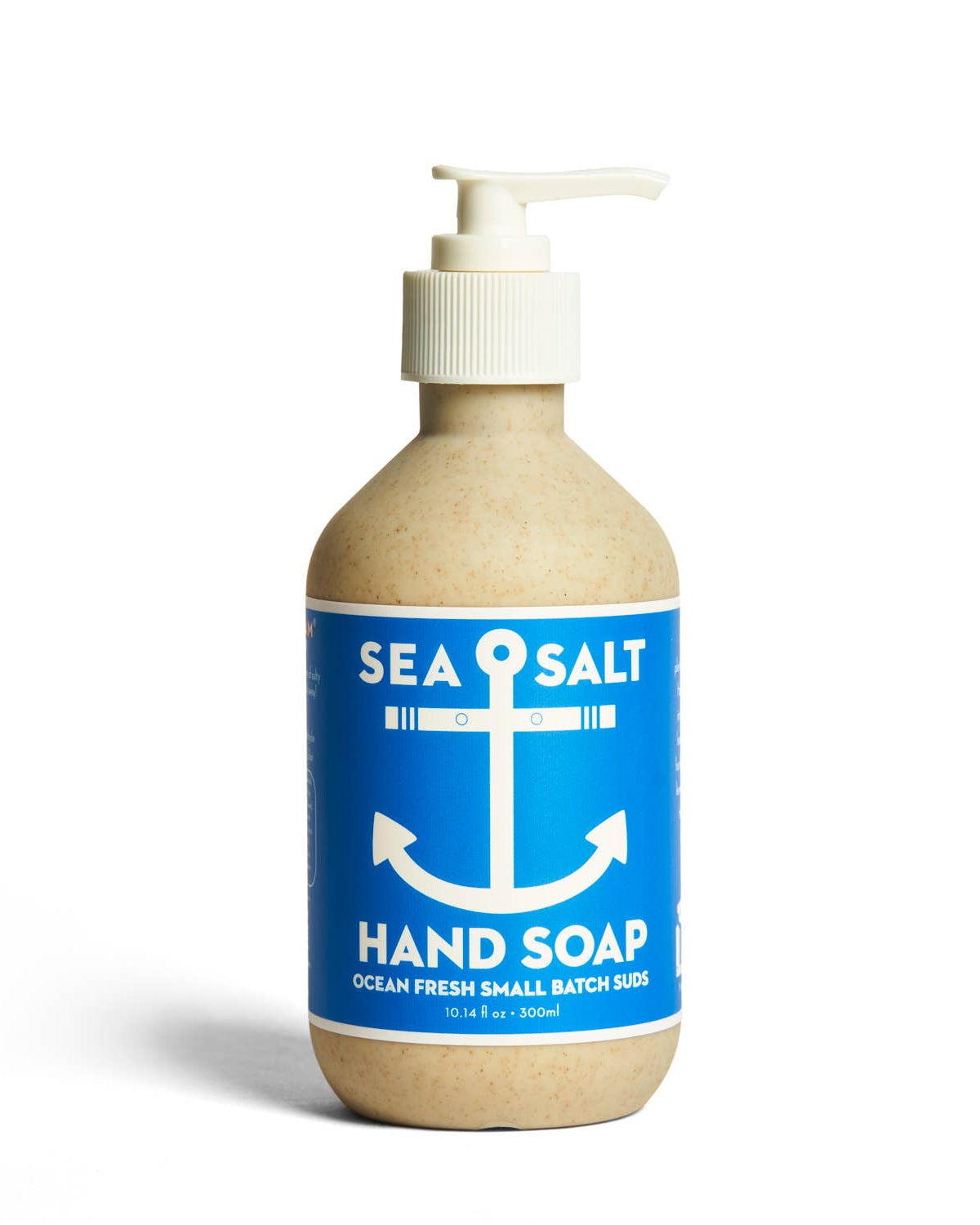 Bottle of sea salt hand soap with a blue label on a white background