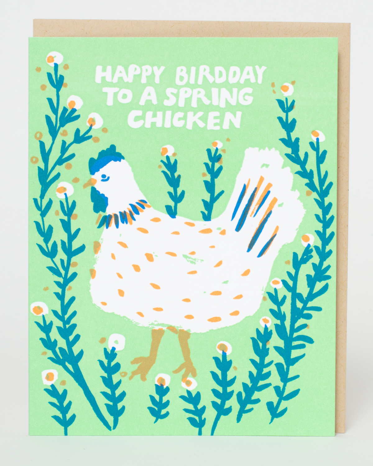 Greeting card with a chicken illustration and text on a light green background