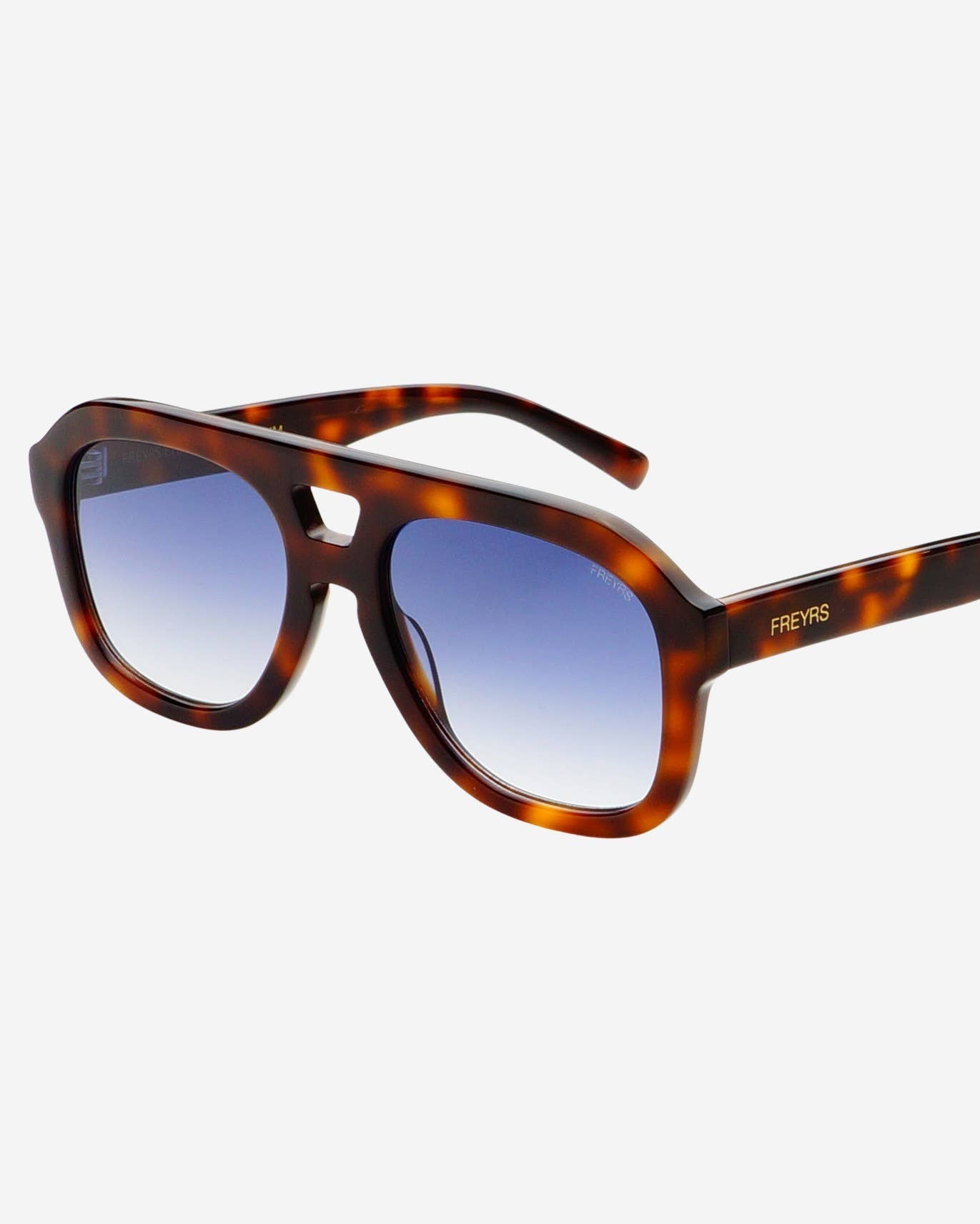 Sunglasses with tortoiseshell frame and blue gradient lenses on a white background