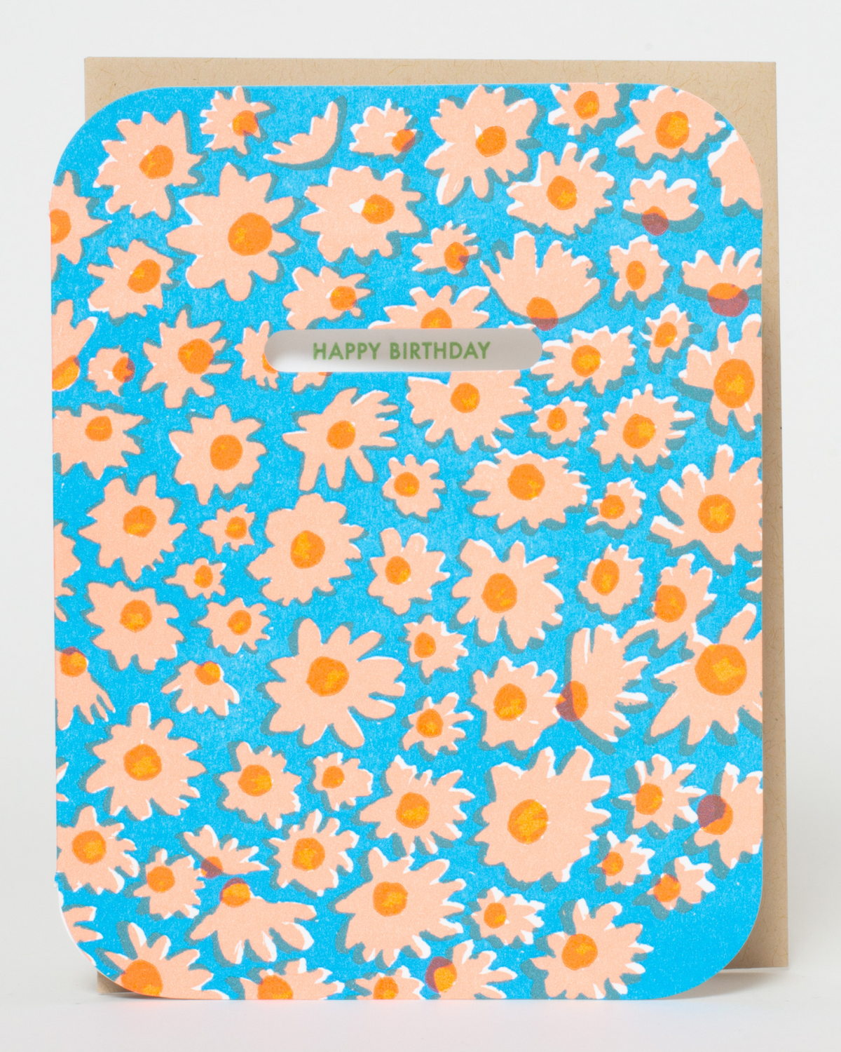 Floral patterned card with 'Happy Birthday' text on a blue background
