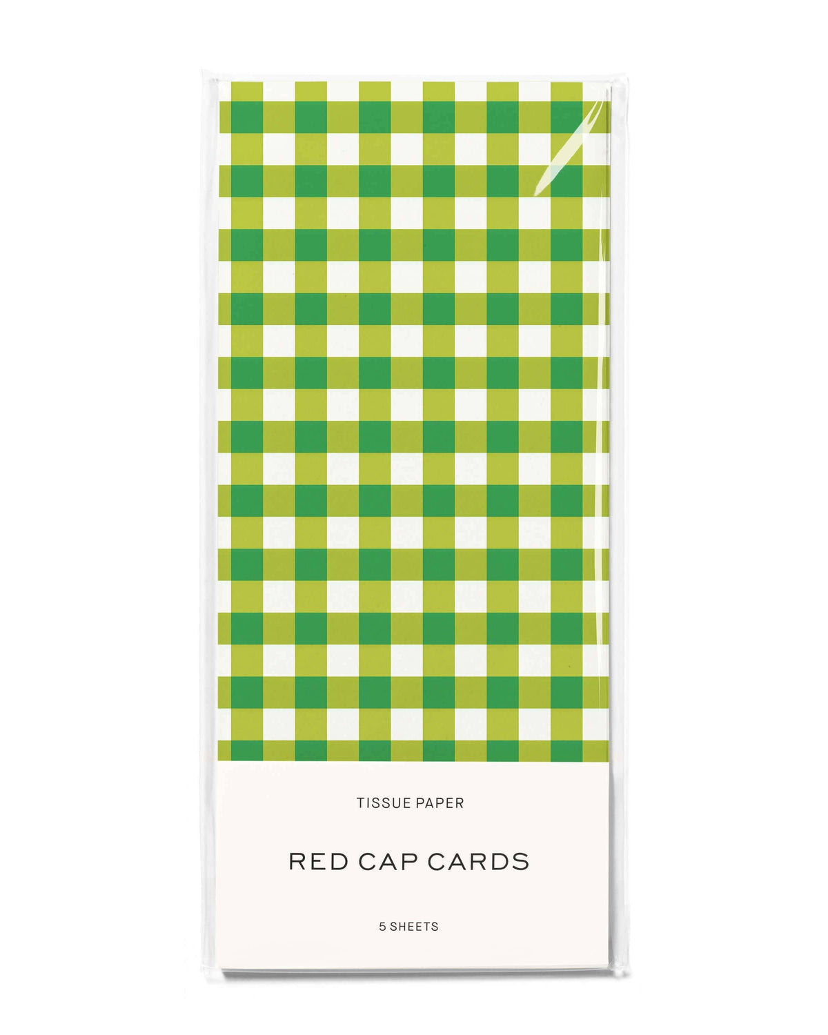 Green and white checkered tissue paper packaging with 'Red Cap Cards' branding on a white background.