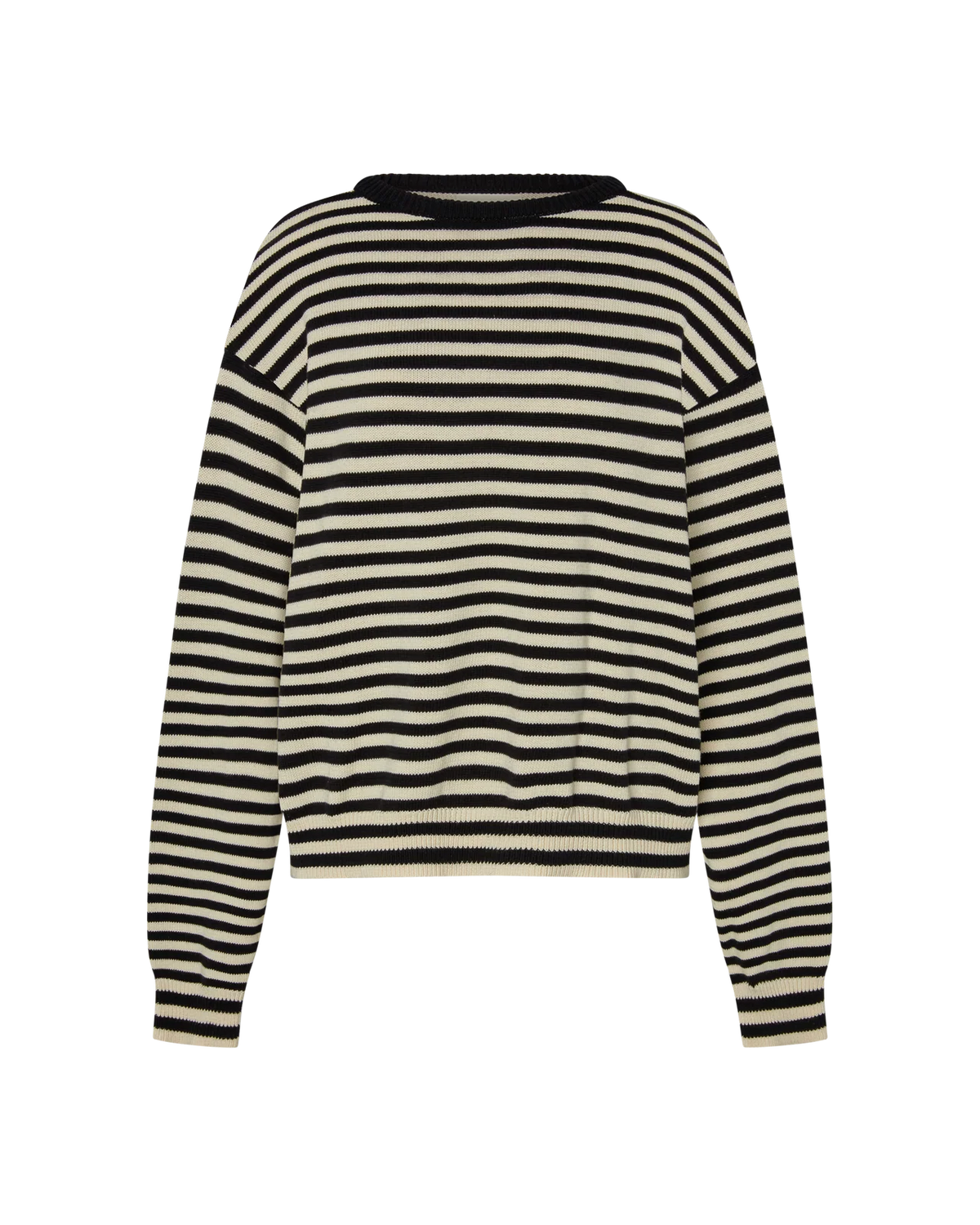 A long-sleeve knit sweater with horizontal black and cream stripes, featuring a crew neck and ribbed cuffs and hem, shown against a plain white background.