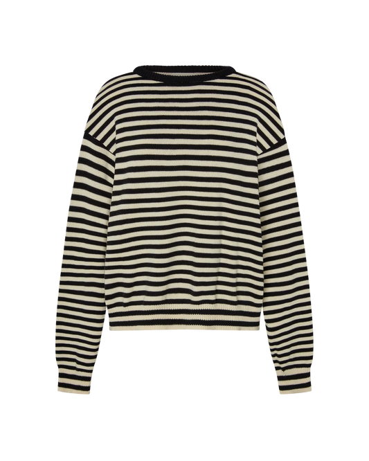 A long-sleeve knit sweater with horizontal black and cream stripes, featuring a crew neck and ribbed cuffs and hem, shown against a plain white background.