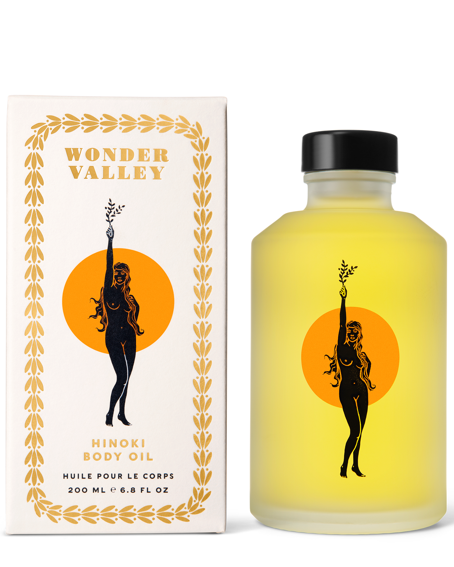 Bottle and packaging of Wonder Valley Hinoki Body Oil on a white background