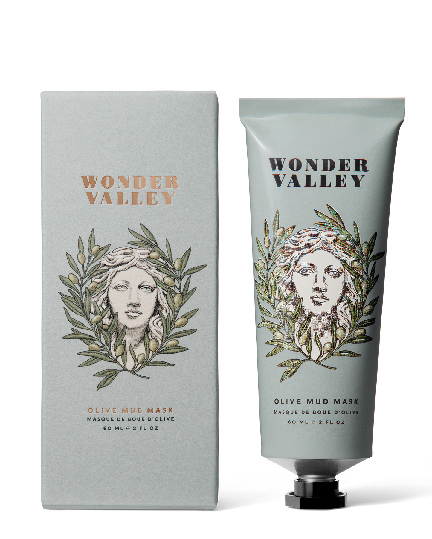 Wonder Valley olive mud mask packaging on a white background