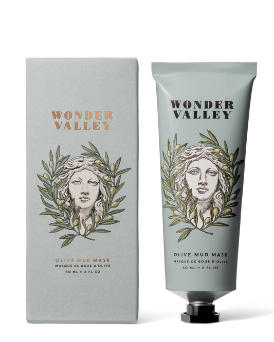 Wonder Valley olive mud mask packaging on a white background