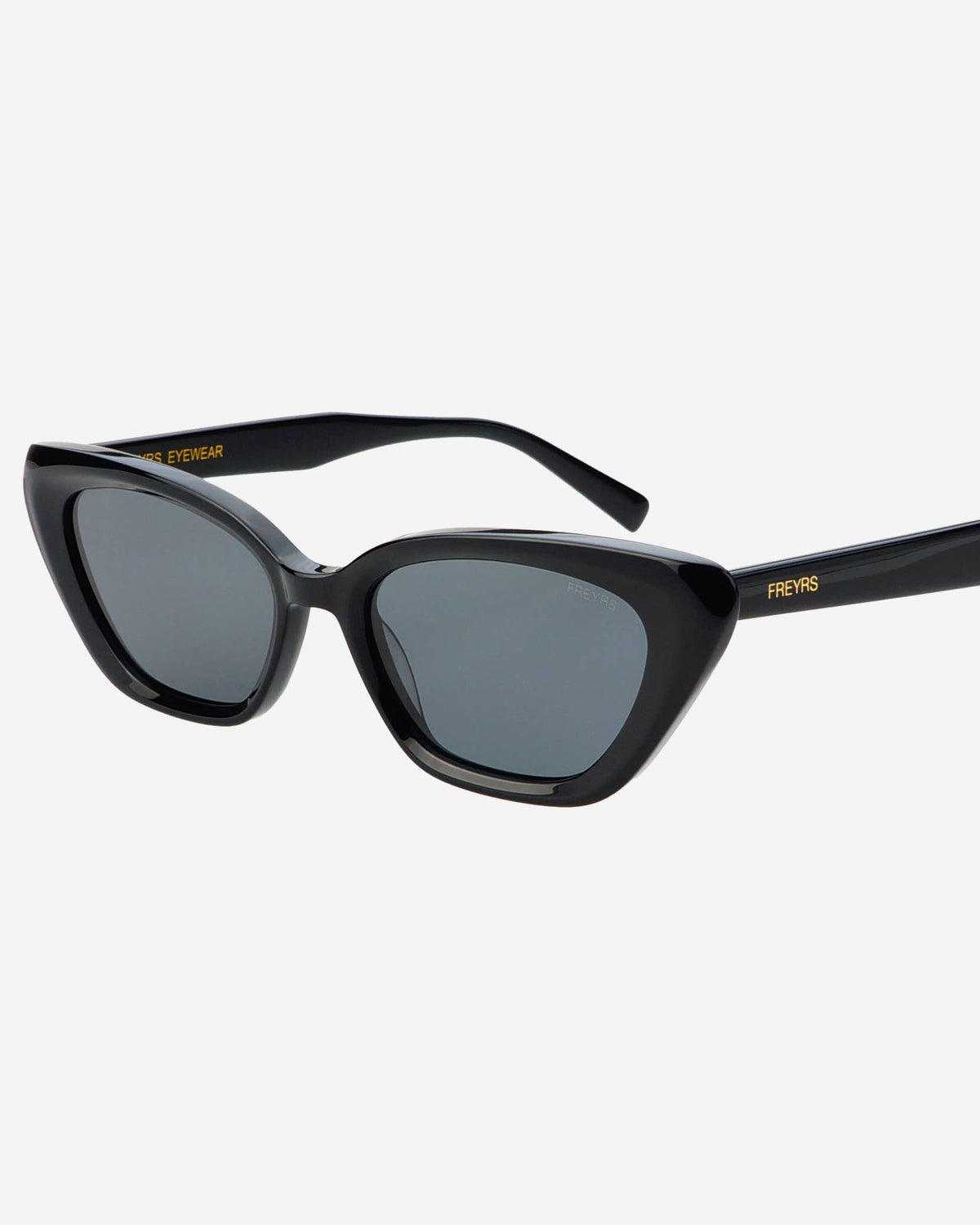 Black cat-eye sunglasses with dark lenses on a white background