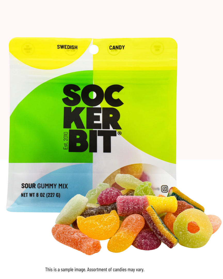Packaging of Sockerbit Sour Gummy Mix with colorful gummy candies on a white background