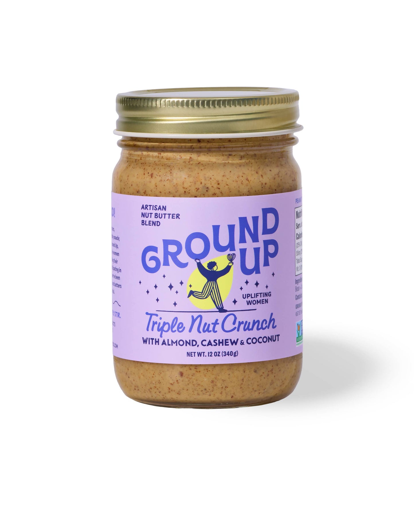 Jar of 'Ground Up' nut butter with a purple label on a white background