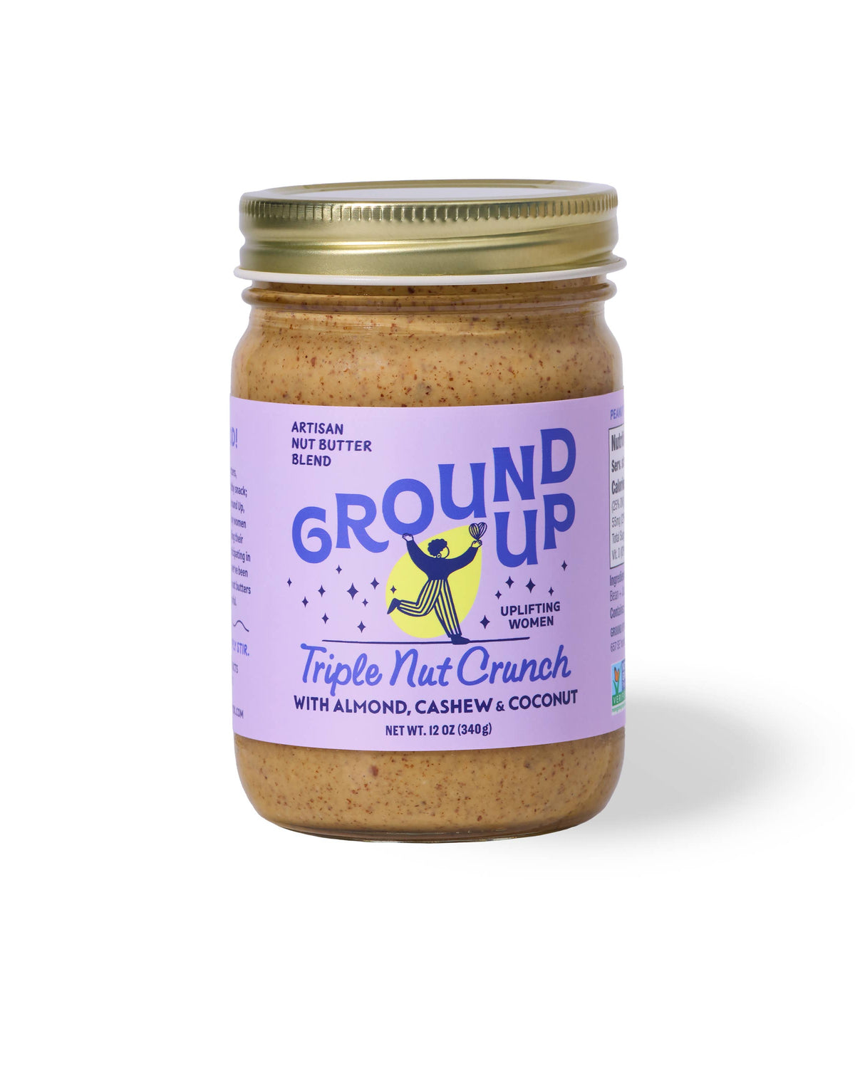 Jar of 'Ground Up' nut butter with a purple label on a white background