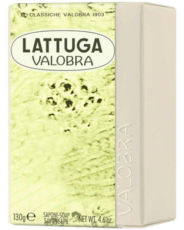 A rectangular bar of soap standing upright next to its retail box. The box is pale yellow-green with the text 'LATTUGA VALOBRA' and 'CLASSICHE VALOBRA 1903' at the top, and '130g e' at the bottom.