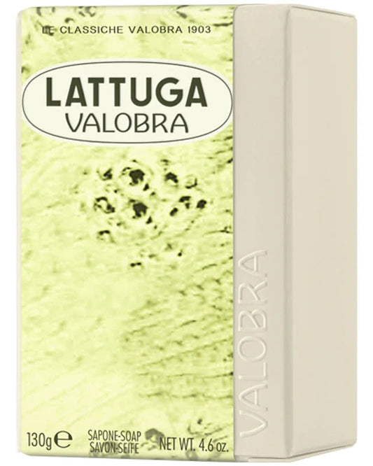 A rectangular bar of soap standing upright next to its retail box. The box is pale yellow-green with the text 'LATTUGA VALOBRA' and 'CLASSICHE VALOBRA 1903' at the top, and '130g e' at the bottom.