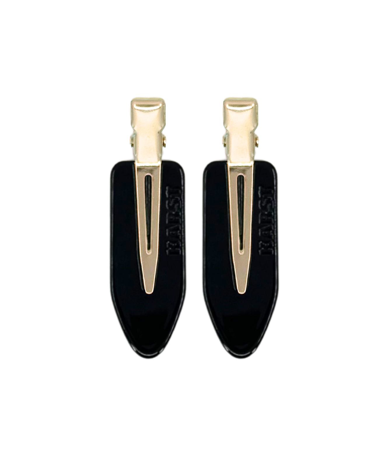 Two black hair clips with gold tips on a white background