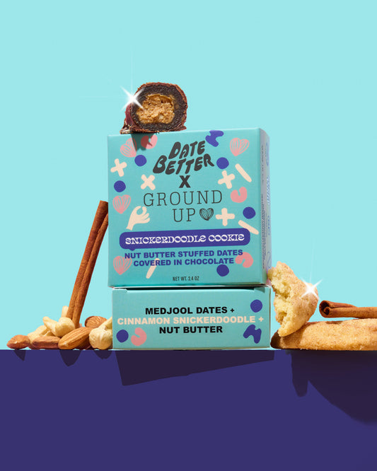 Snickerdoodle cookie packaging with ingredients on a blue background