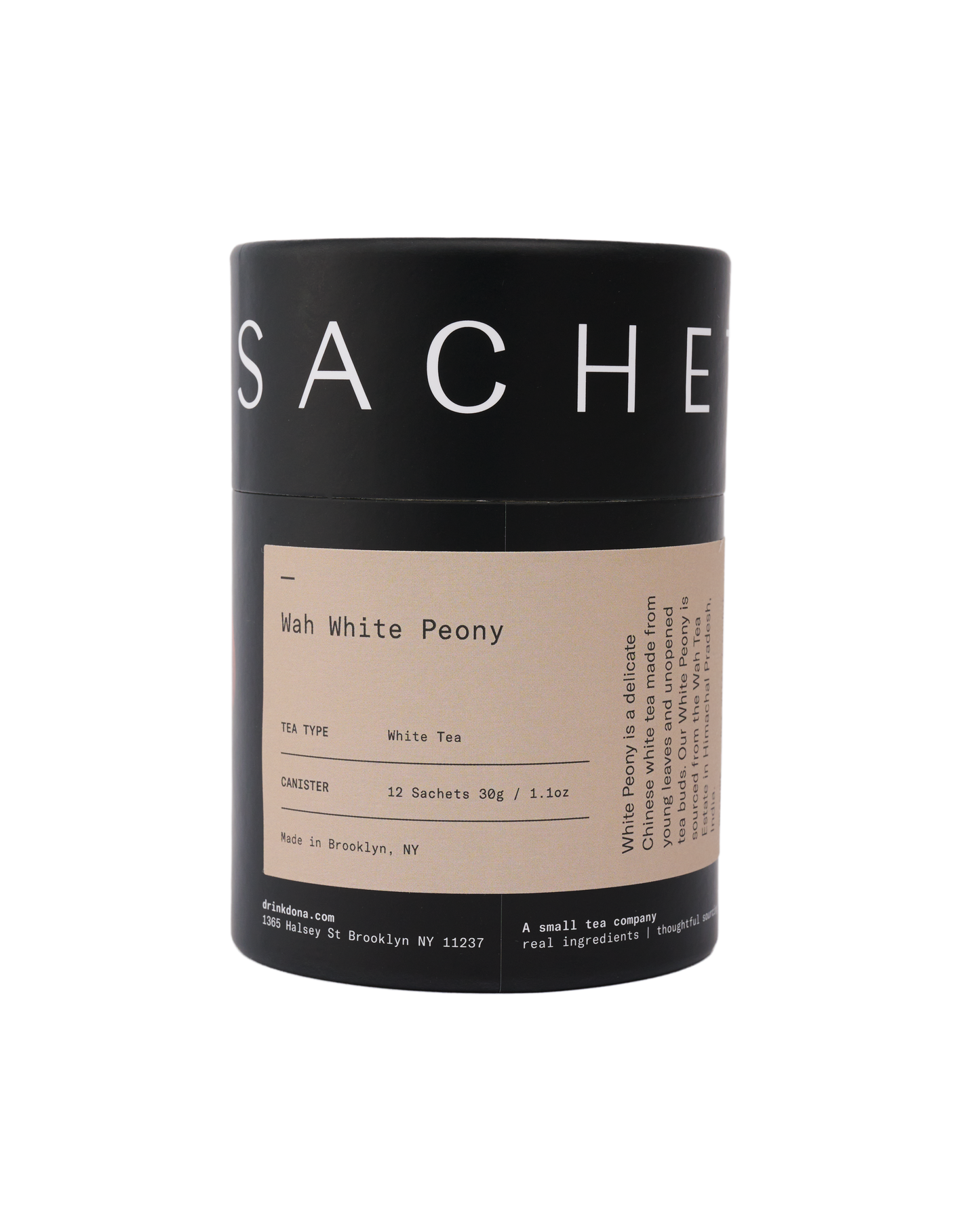 Sachet tea packaging with 'White Peony' on a white background