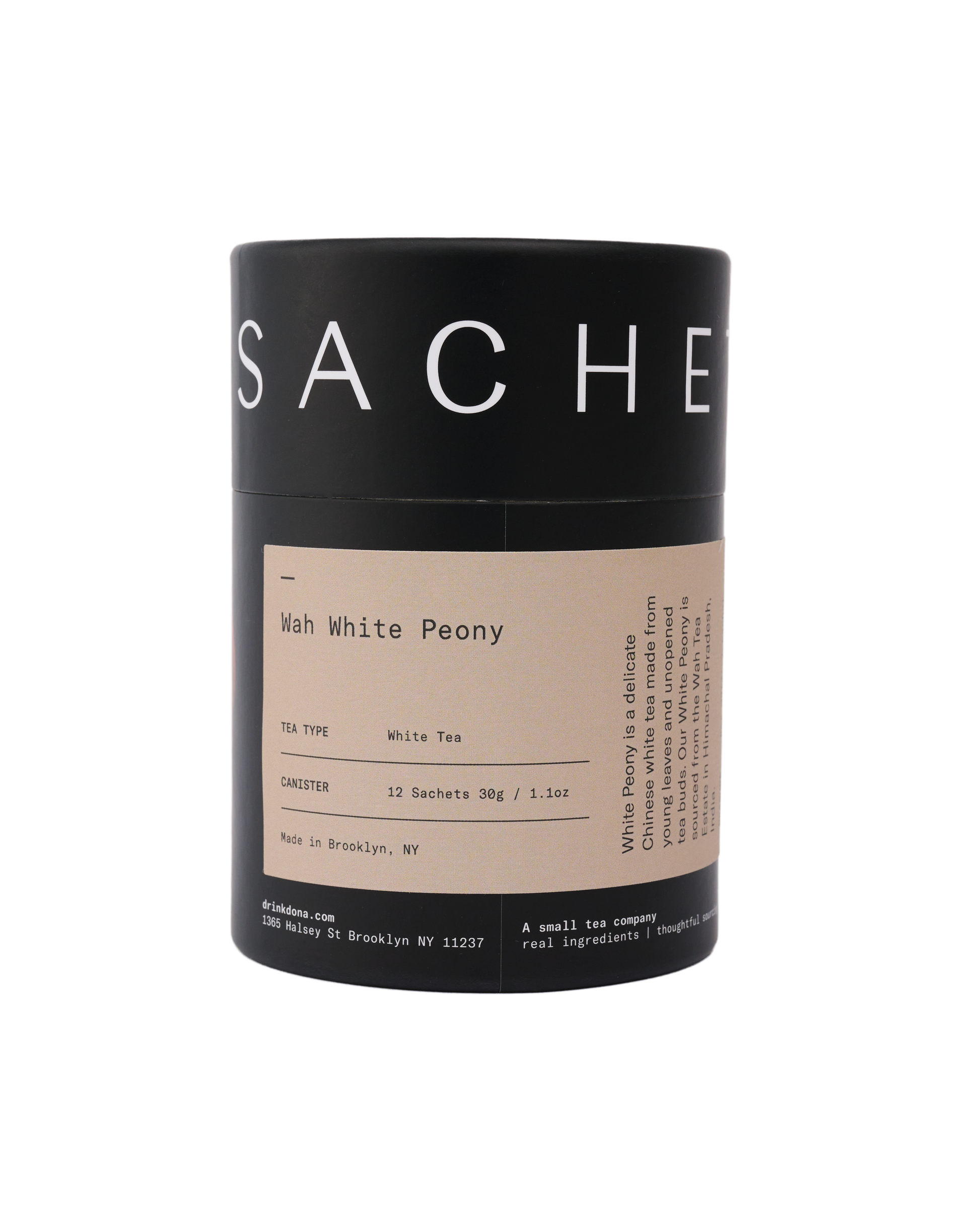 Sachet tea packaging with 'White Peony' on a white background