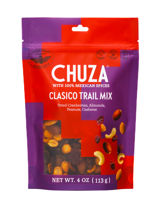 Packaging of Chuza Clasico Trail Mix with red and purple design
