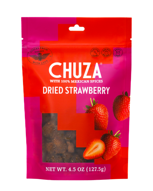 Packaging of CHUZA dried strawberry with red and pink design