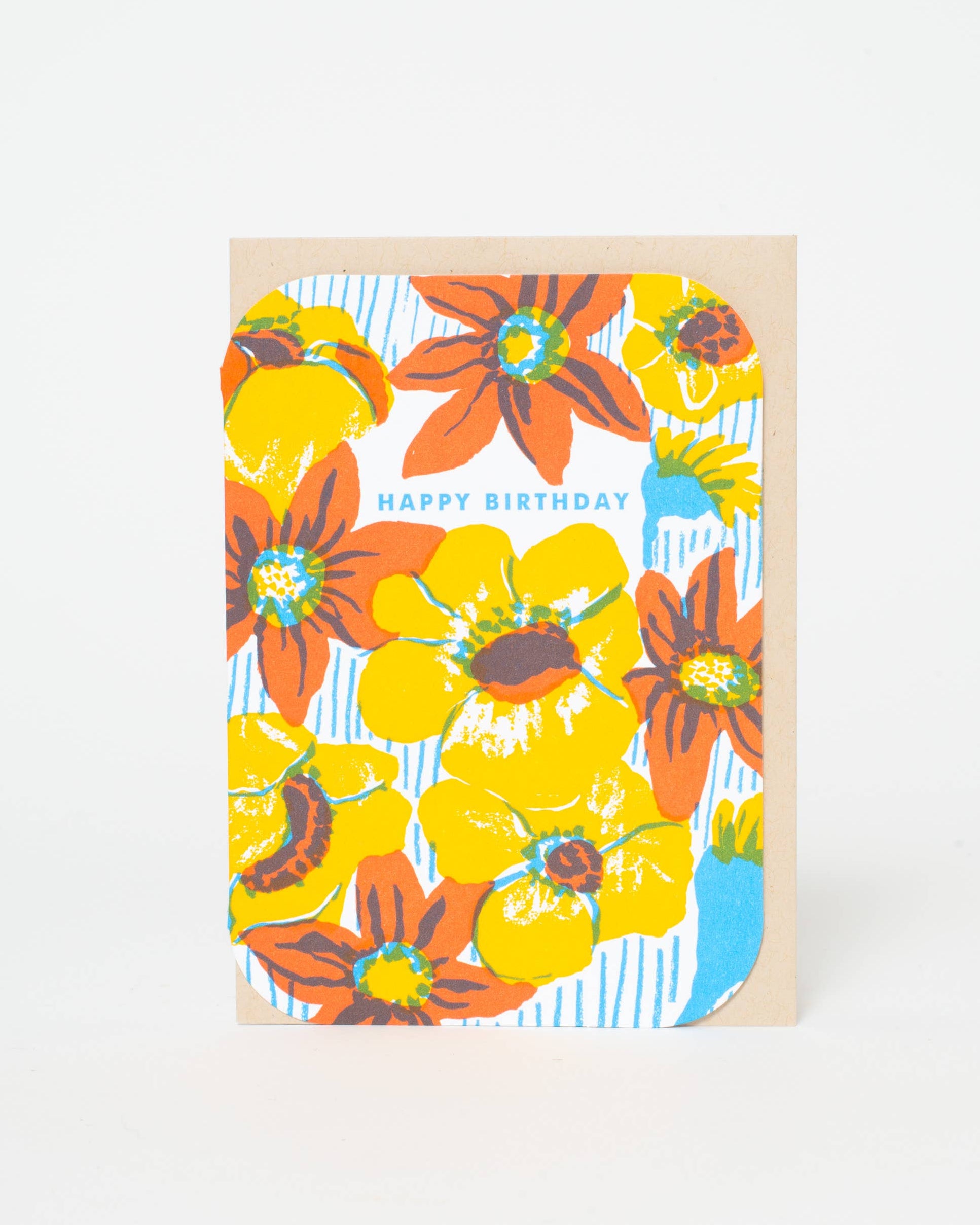 Floral birthday card with colorful flowers on a white background