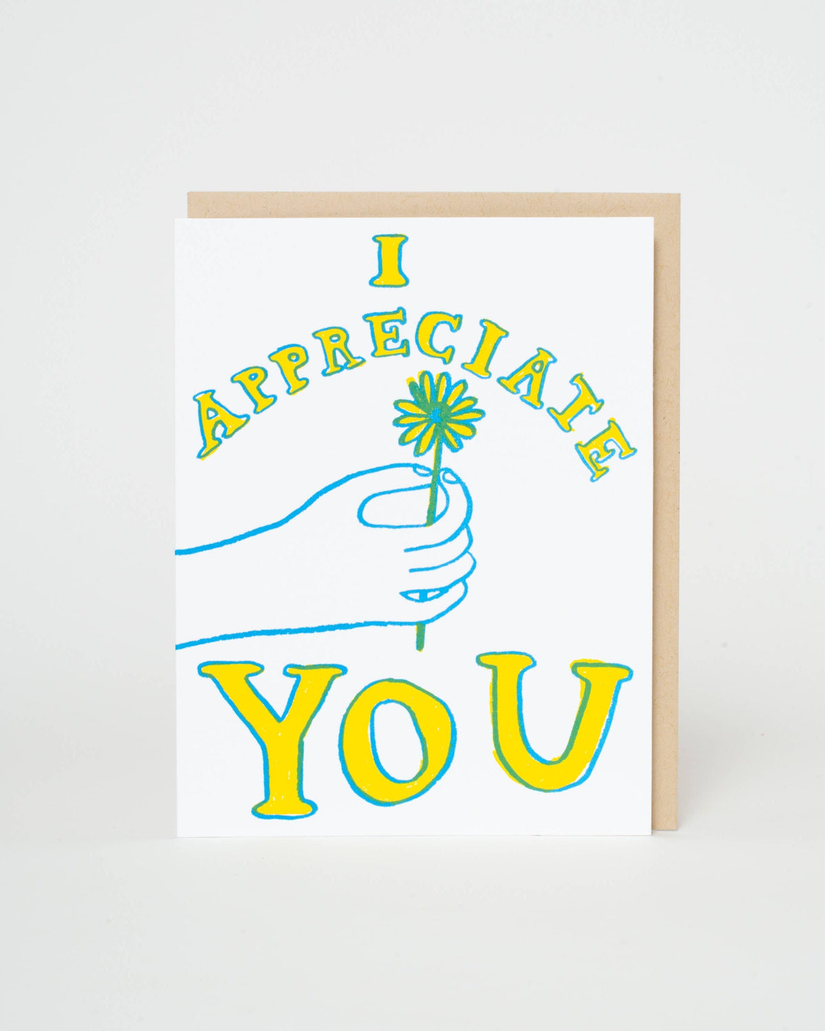 Card with 'I appreciate you' text and a hand holding a flower on a white background