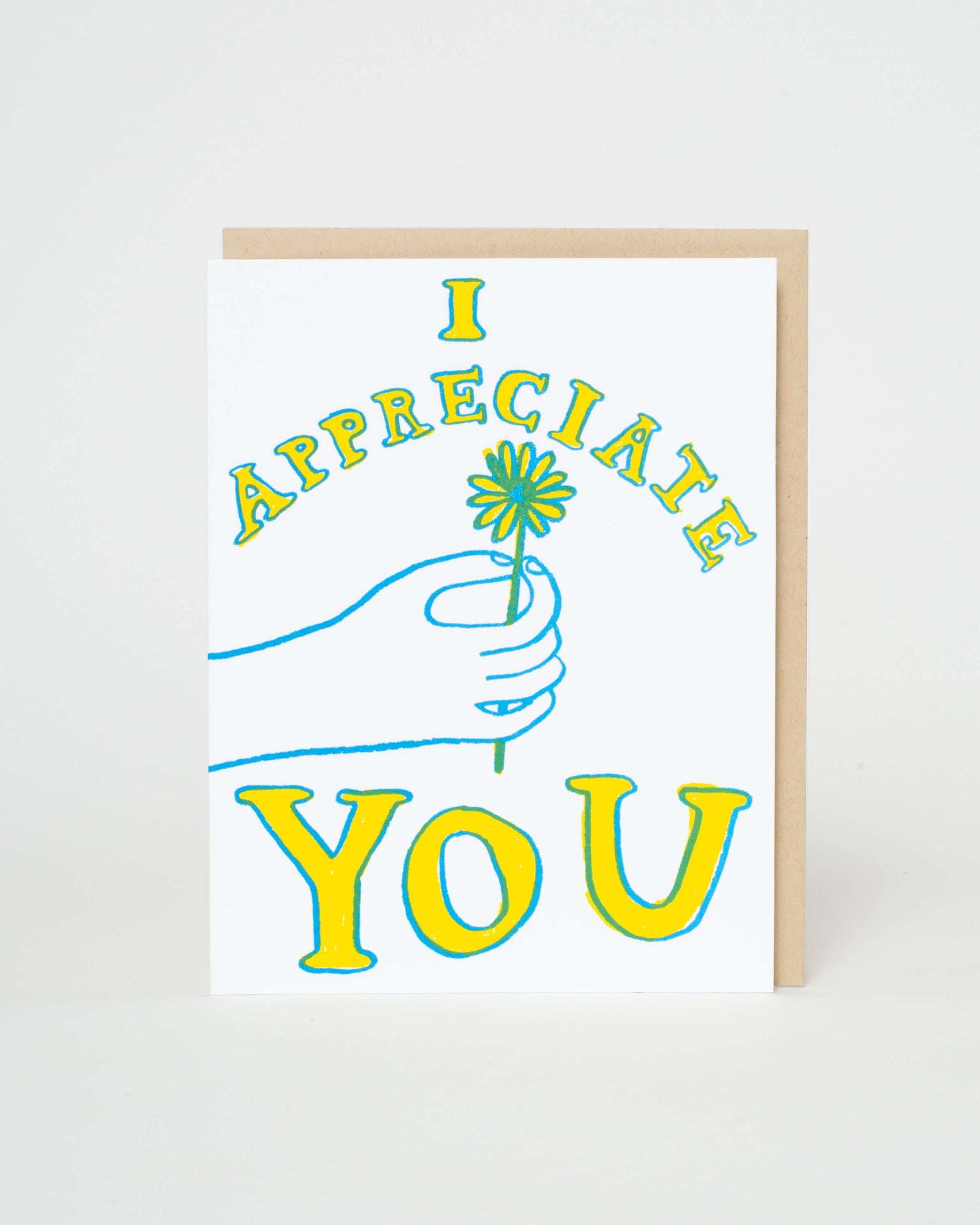 Card with 'I appreciate you' text and a hand holding a flower on a white background