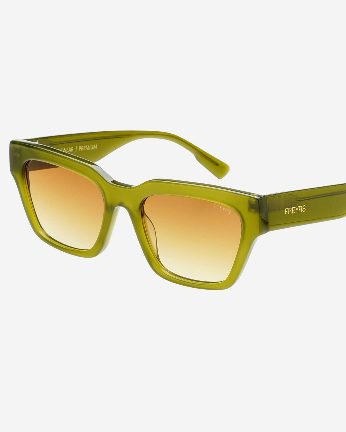Green sunglasses with orange gradient lenses on a white background