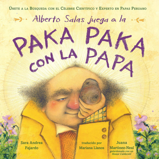Book cover with a man in a yellow coat holding a potato, surrounded by flowers and text in purple and white.