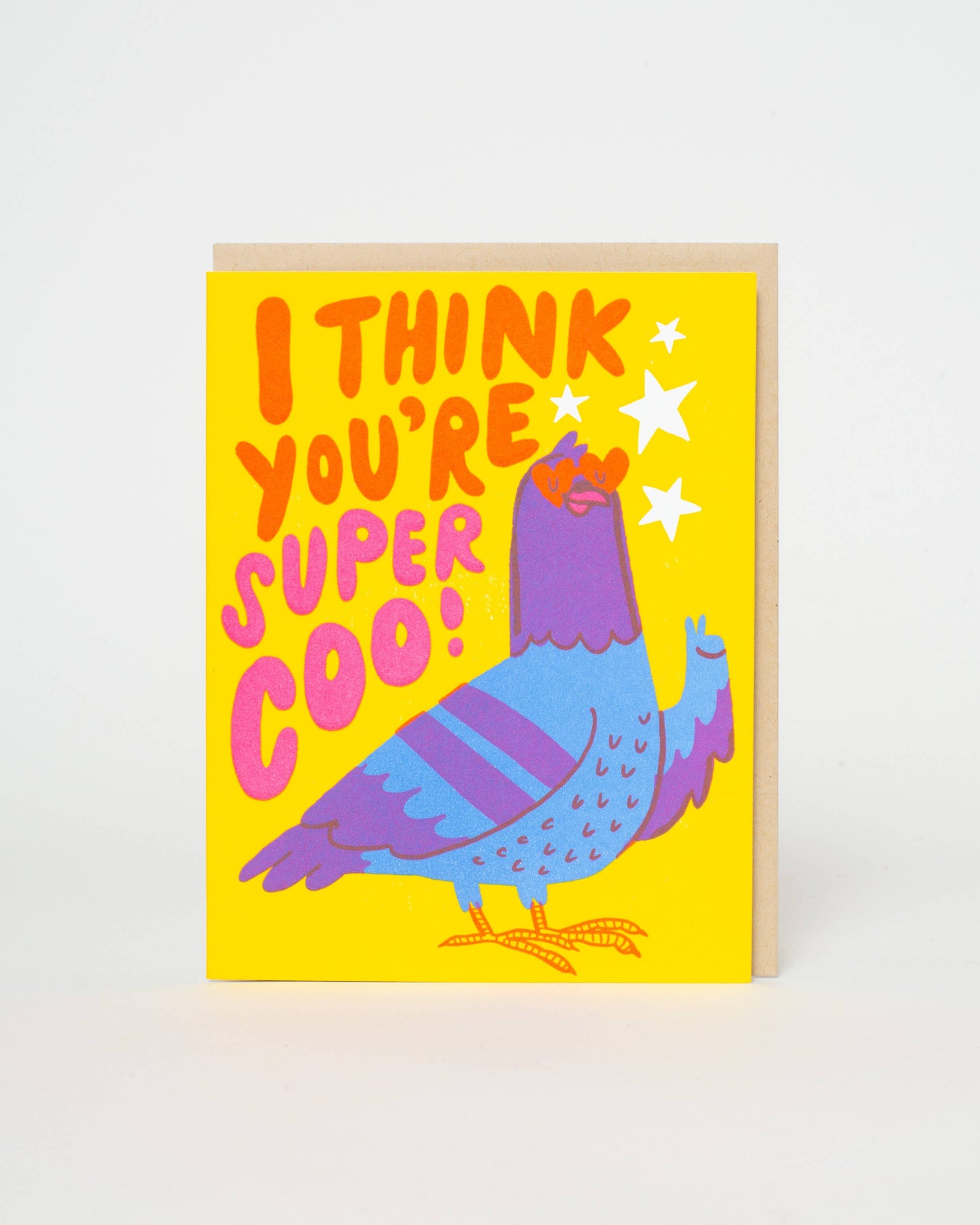 Greeting card with a colorful pigeon illustration and text on a yellow background