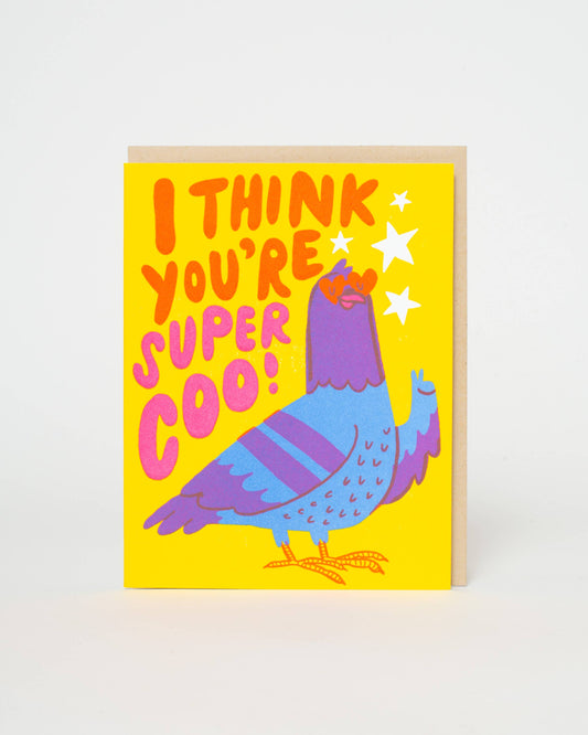 Greeting card with a colorful pigeon illustration and text on a yellow background