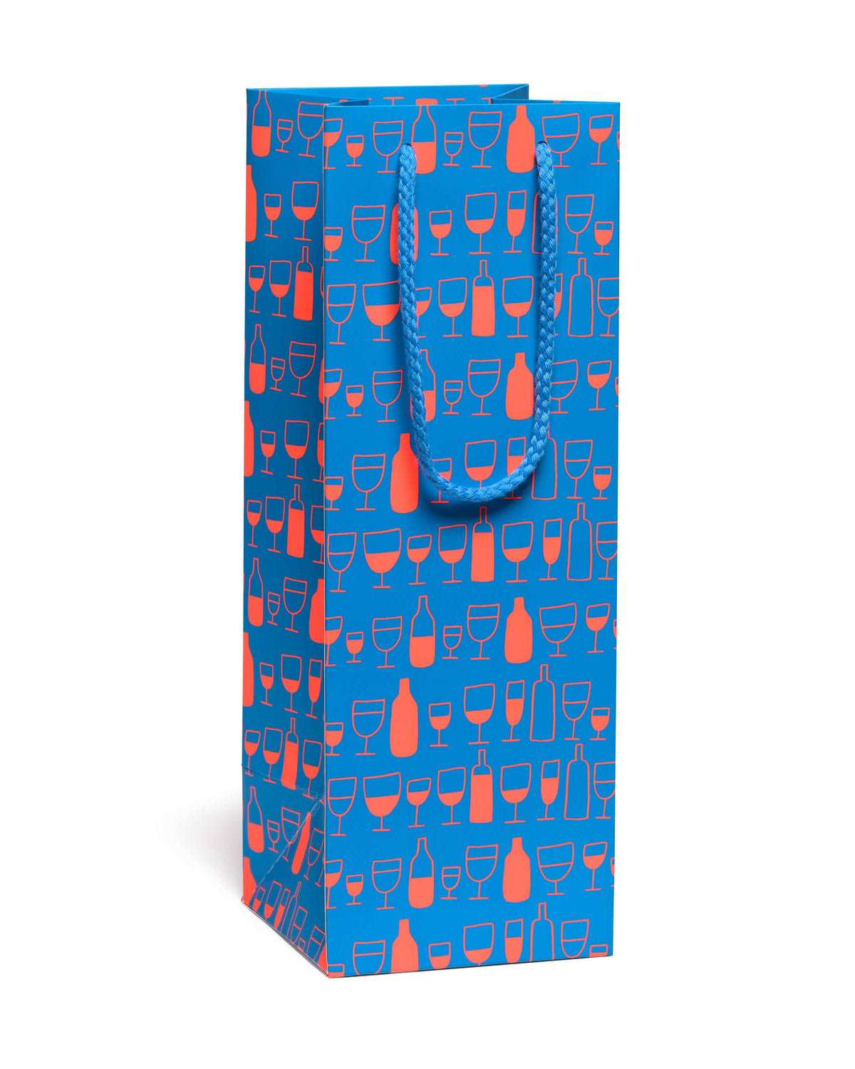 A tall paper gift bag with a blue background and a repeating pattern of orange wine bottles and glasses, featuring blue twisted paper handles, shown on a plain white background.