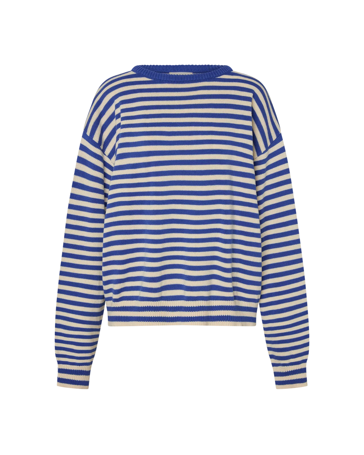 A blue and white horizontally striped knit sweater with a crew neck, displayed on a clean white background.