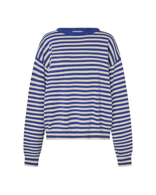 A blue and white horizontally striped knit sweater with a crew neck, displayed on a clean white background.