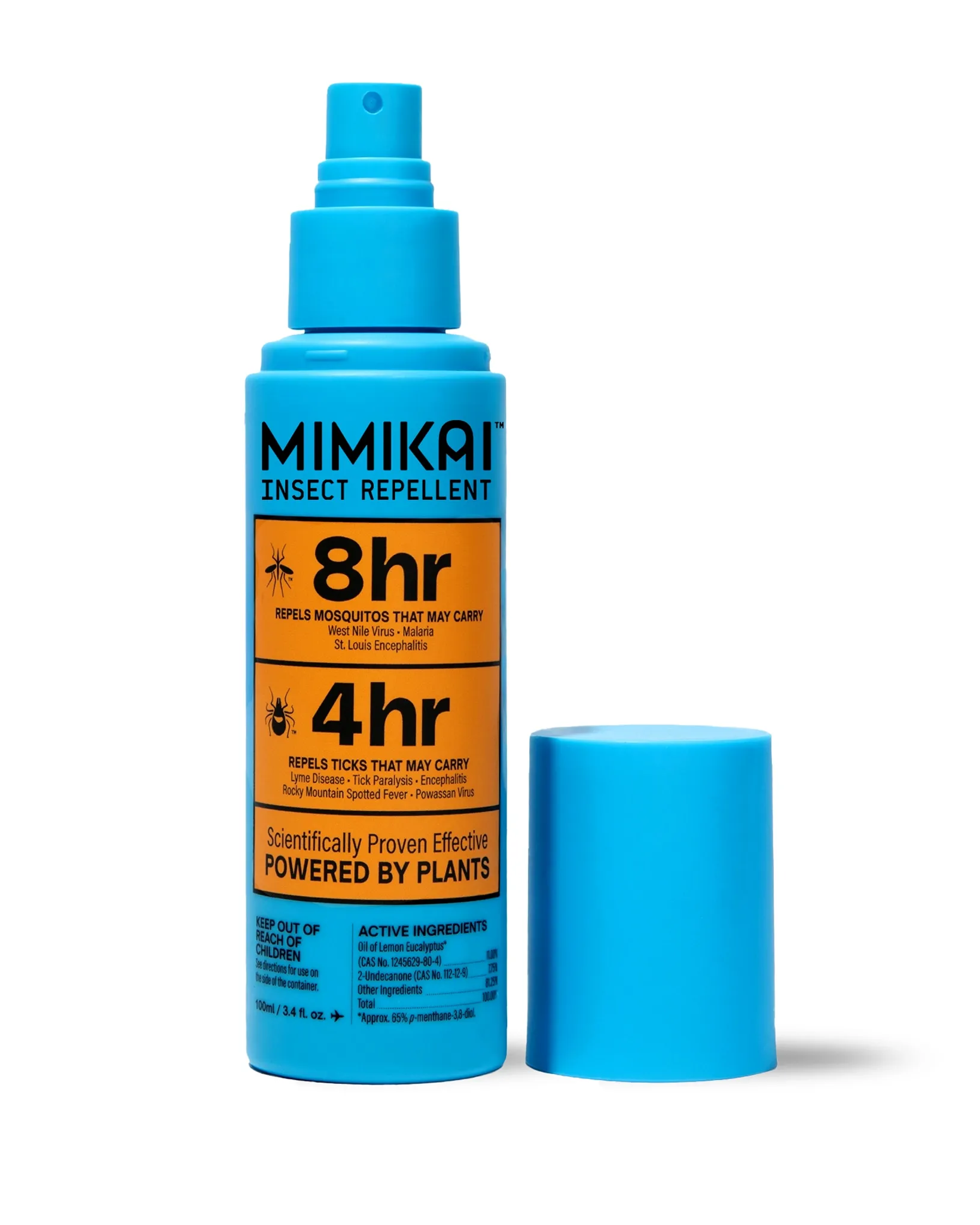 Blue insect repellent spray bottle with label on a white background