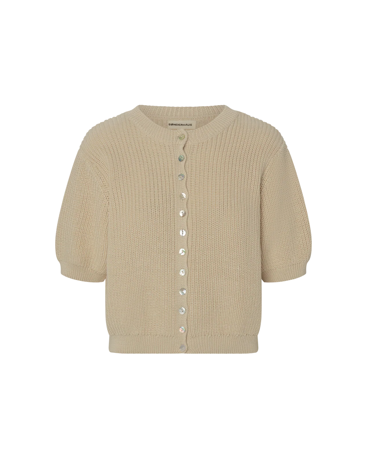 A beige short-sleeve ribbed knit cardigan with a button-up front, displayed on a clean white background.