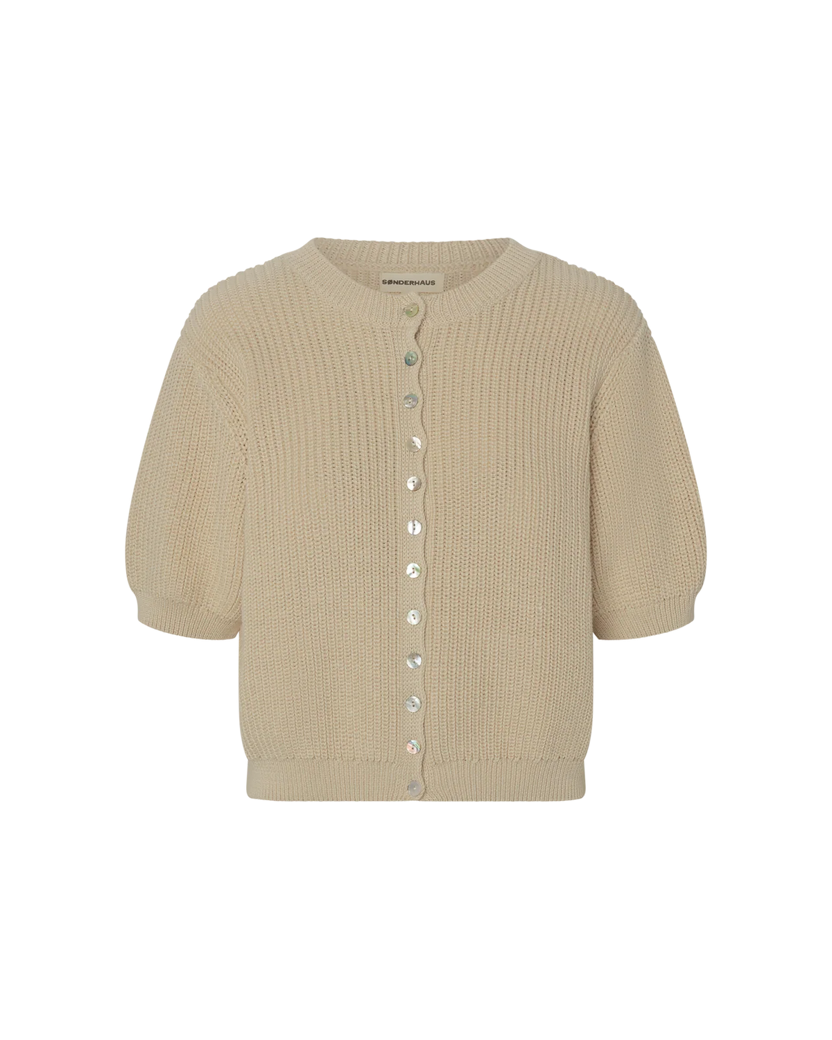 A beige short-sleeve ribbed knit cardigan with a button-up front, displayed on a clean white background.