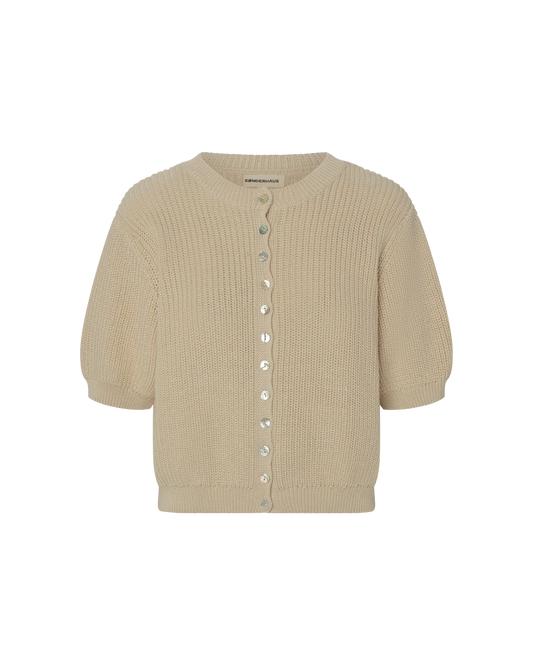 A beige short-sleeve ribbed knit cardigan with a button-up front, displayed on a clean white background.