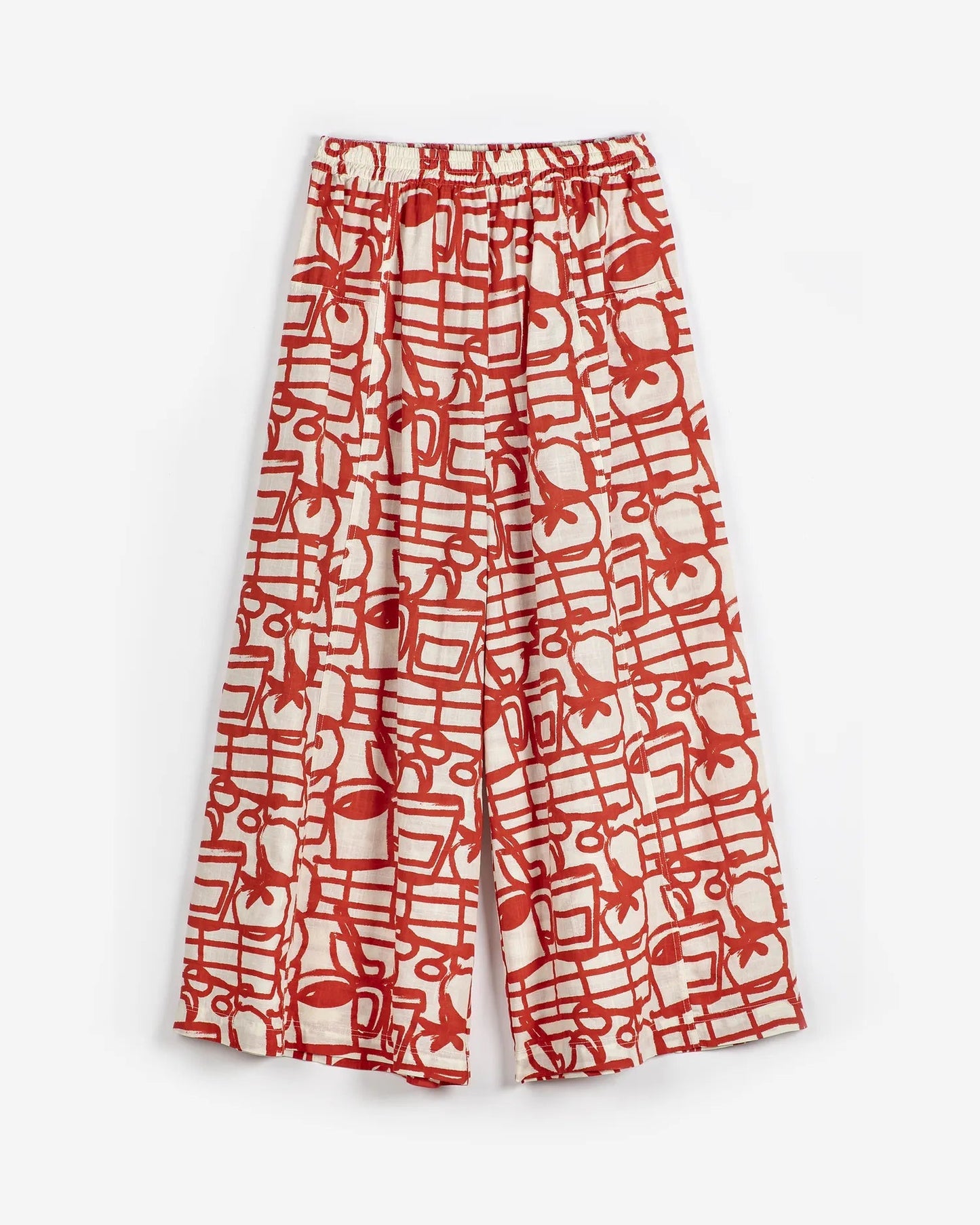 Red and white patterned pants on a white background