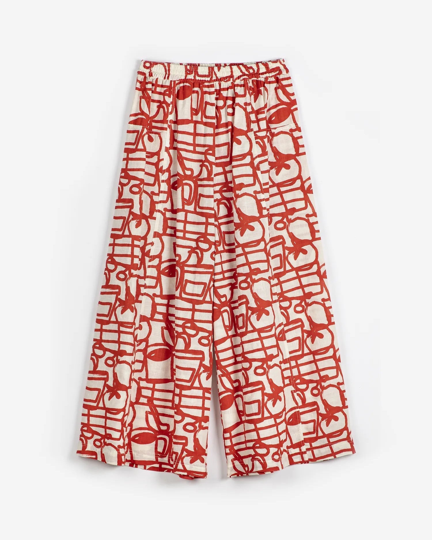 Red and white patterned pants on a white background