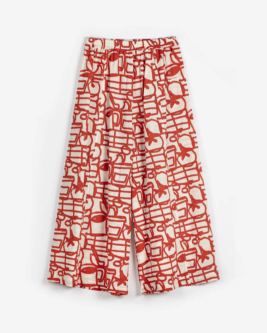 Red and white patterned pants on a white background