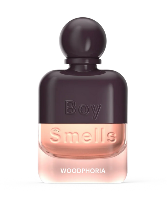 Perfume bottle labeled 'Boy Smells Woodphoria' on a white background