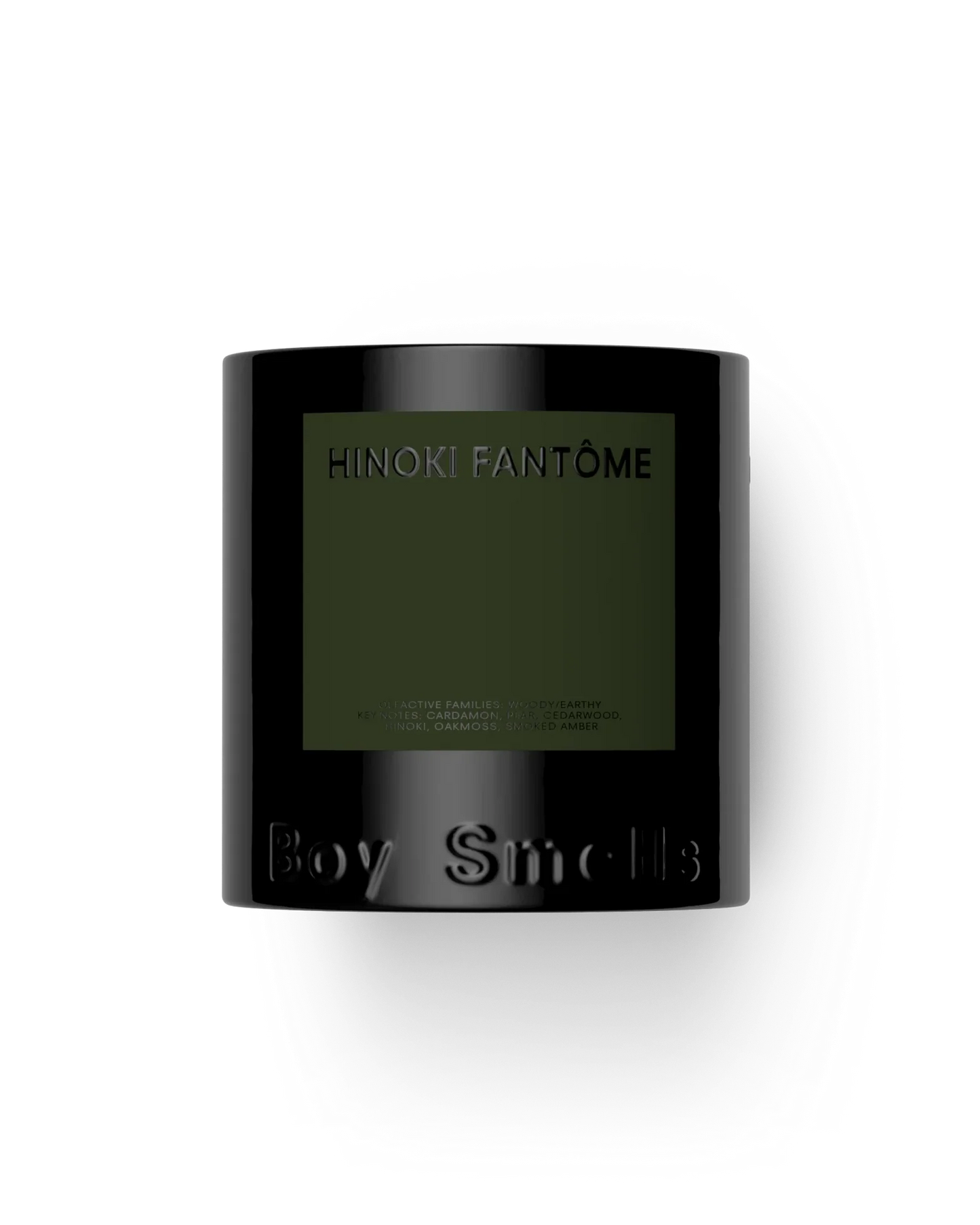 Black candle container with 'Hinoki Fantème' and 'Boy Smells' text on a white background