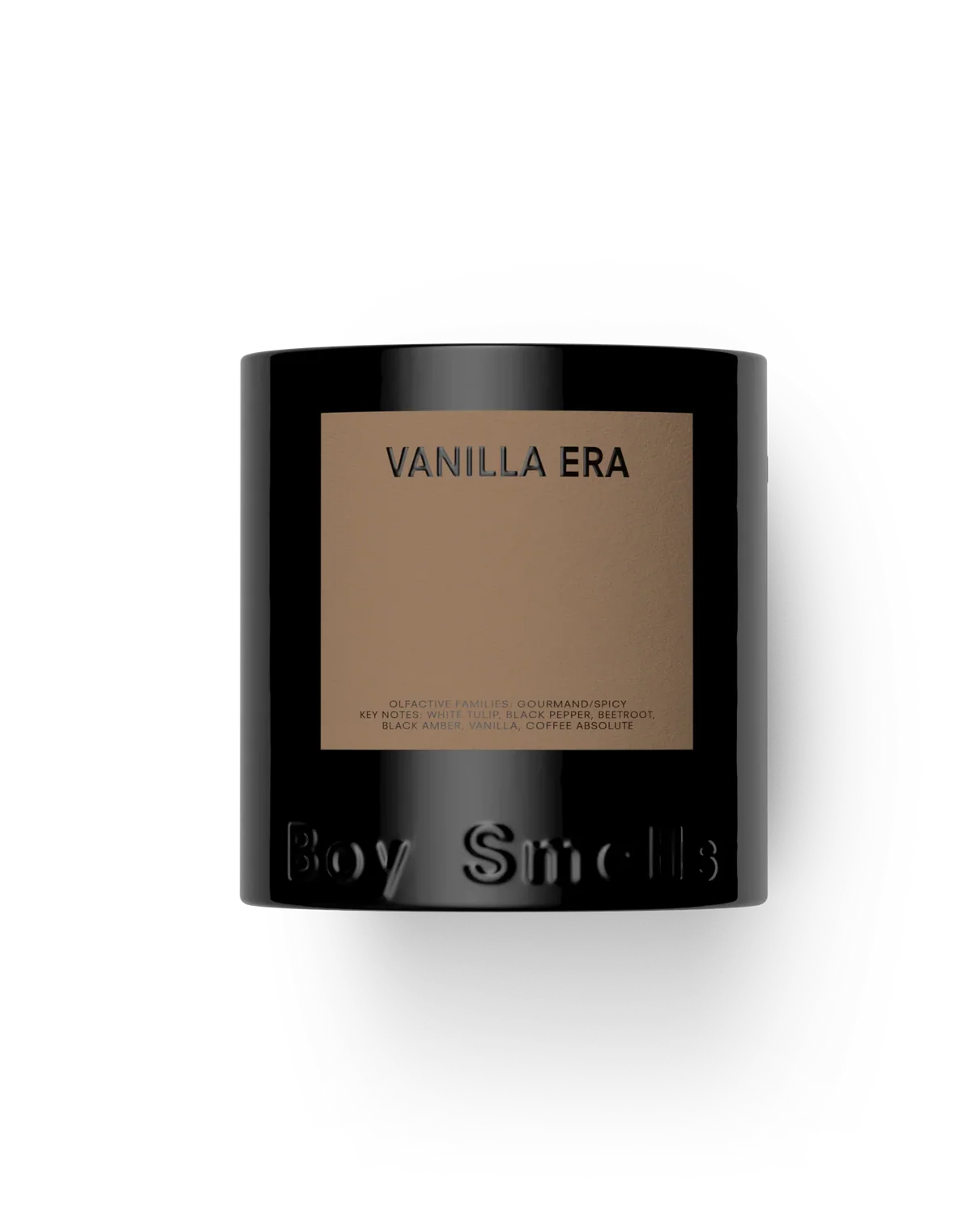 Vanilla Era candle by Boy Smells with black and brown design on a white background