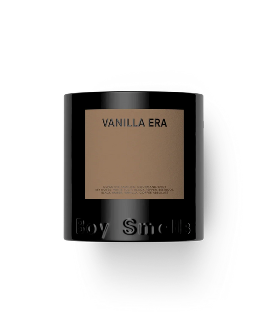 Vanilla Era candle by Boy Smells with black and brown design on a white background