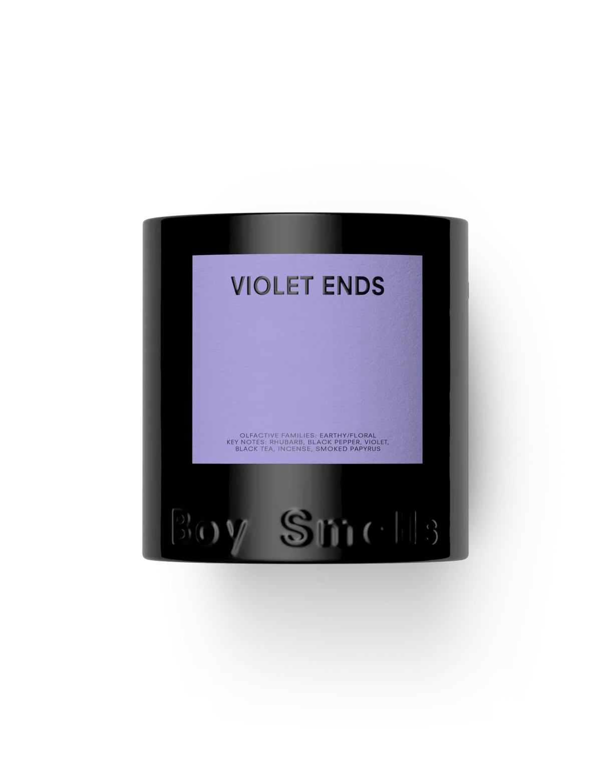 Black candle with purple label featuring 'Violet Ends' on a white background